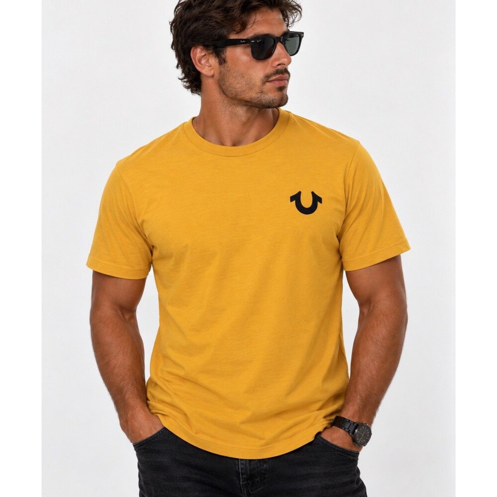 True Religion Mens Buddha Guitar Logo T Shirt Mustard Yellow Graphic Tee SMALL